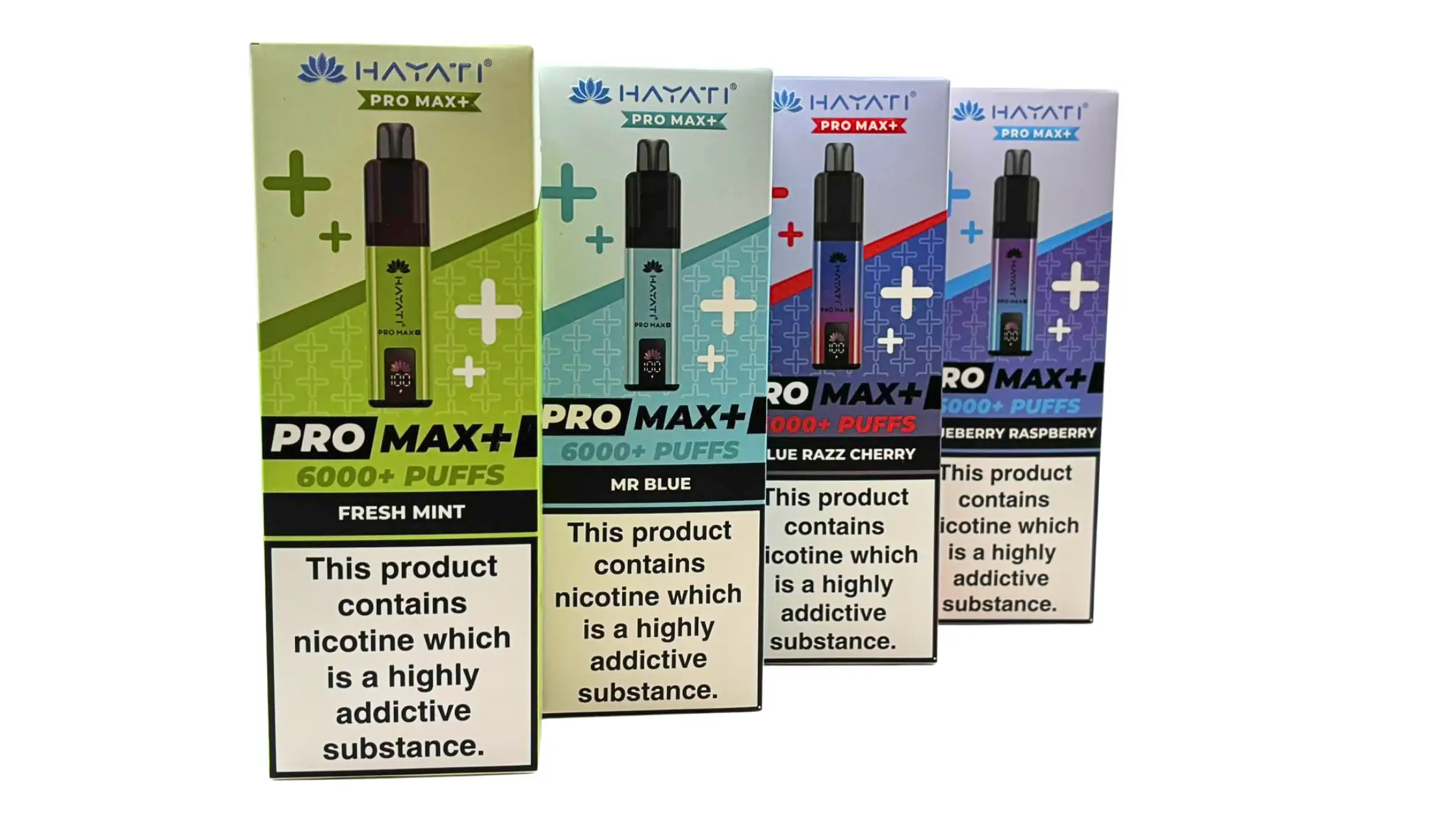 Image of boxed hayati pro max plus vapes in a line to showcase