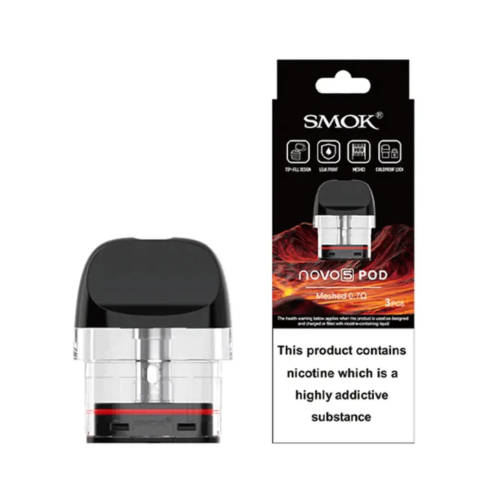 Smok Novo 5 Replacement pods have been designed to be used with the Smok Nord 5 Pod Kit. 2ml e-liquid capacity, integrated 0.7ohm coil, pack of 3 pods