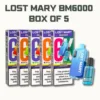 Lost Mary BM6000 Disposable Vape Pod Kit - Box of 5 is powered by a 650mAh rechargeable battery via Type-C USB, combined with a 10ml bottle of nic salt e-liquid and a 2ml refillable pod whilst a further 10ml of e-liquid is provided in a separate refill container that automatically feeds the 2ml tank during use. Available in a choice of flavours.