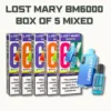 Lost Mary BM6000 Disposable Vape Pod Kit - Box of 5 Mixed is powered by a 650mAh rechargeable battery via Type-C USB, combined with a 10ml bottle of nic salt e-liquid and a 2ml refillable pod whilst a further 10ml of e-liquid is provided in a separate refill container that automatically feeds the 2ml tank during use. Available in a choice of flavours.