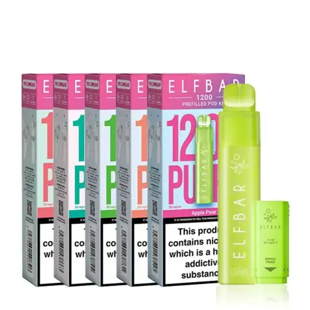 Elf Bar 1200 Prefilled Pod Kit Box of 5 Mixed 650mAh Rechargeable Battery 2 x 2ml Pod Capacity Up to 1200 Puffs per device Auto Inhale Activated 20mg Nicotine Salt E-Liquid 1.2ohm QUAQ Mesh Coil