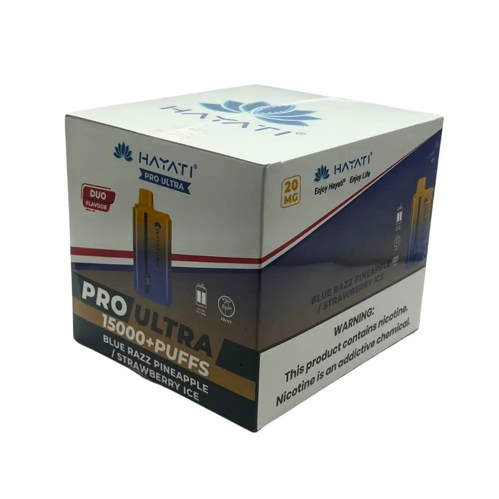 Hayati Pro Ultra 15000 Disposable Vape Duo Blue Razz Pineapple/Strawberry Ice Box of 10