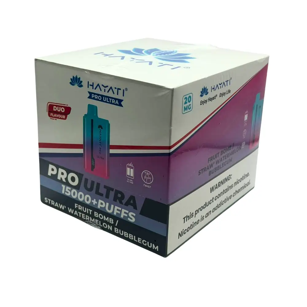 Hayati Pro Ultra 15000 Disposable Vape Duo Fruit Bomb Straw Watermelon Bubblegum Box of 10