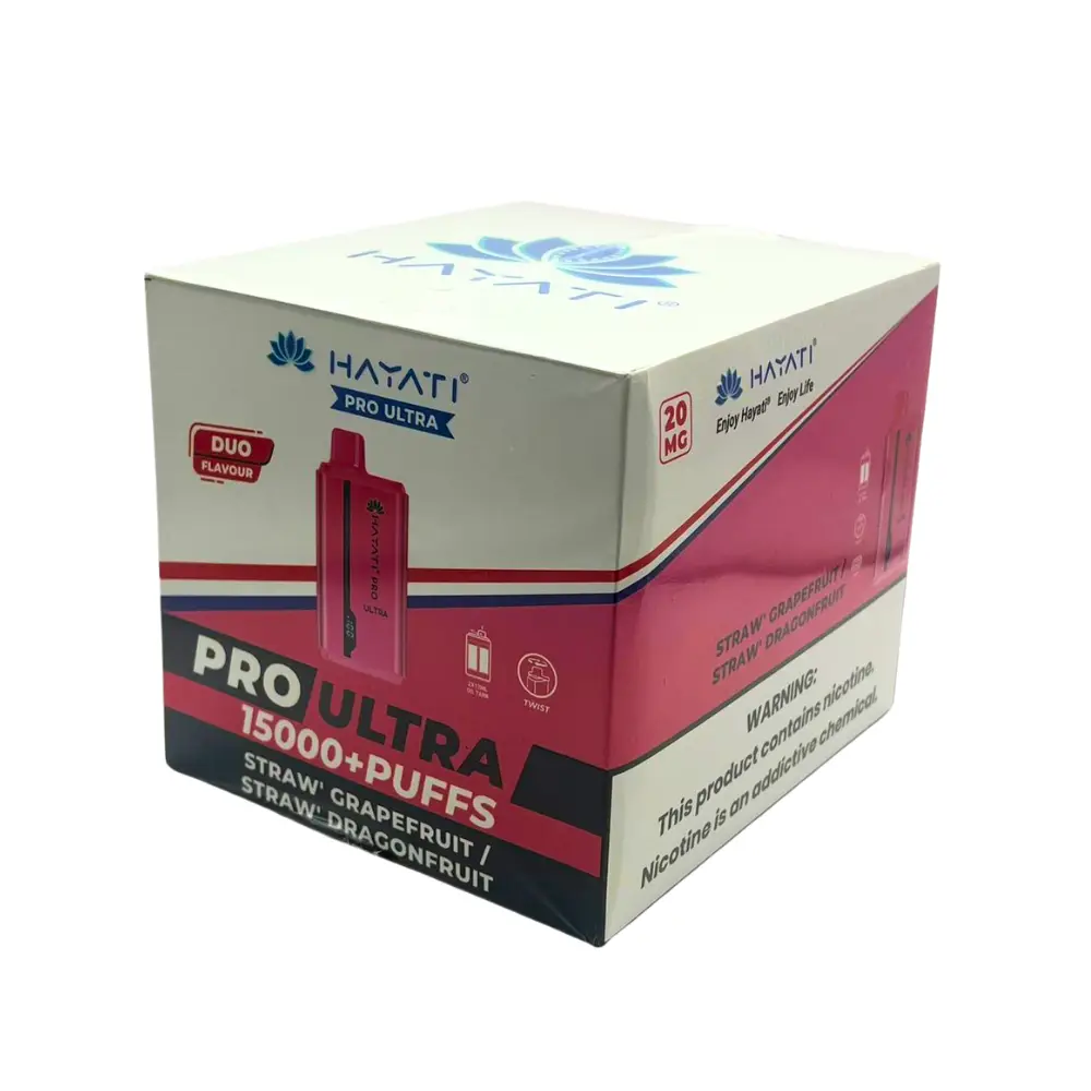 Hayati Pro Ultra 15000 Disposable Vape Duo Straw Grapefruit Straw DragonFruit Box of 10