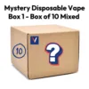 MYSTERY DISPOSABLE VAPE BOX 1 - BOX OF 10 MIXED 10 assorted 600 puff disposable vapes from different brands including IVG, SKE, Elf Bar, Elux and more. Each mystery box contains 10 assorted 600 puff disposable vapes with a 20mg nicotine strength. Enjoy a massive 6000 puffs in total from this mystery box at an excellent price!