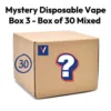 MYSTERY DISPOSABLE VAPE BOX 3 - BOX OF 30 MIXED 30 assorted 600 puff disposable vapes from different brands including IVG, SKE, Elf Bar, Elux and more. Each mystery box contains 30 assorted 600 puff disposable vapes with a 20mg nicotine strength. Enjoy a massive 18000 puffs in total from this mystery box at an excellent price!