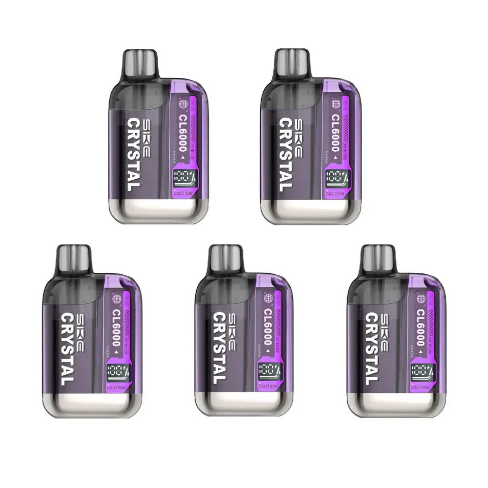 SKE Crystal CL6000 Prefilled Pod Vape Kit - Pack of 5 Rechargeable 800mAh Battery 10ml Replaceable E-Liquid Container 2ml Replaceable Pod Dual Mesh Coils Excellent Price!