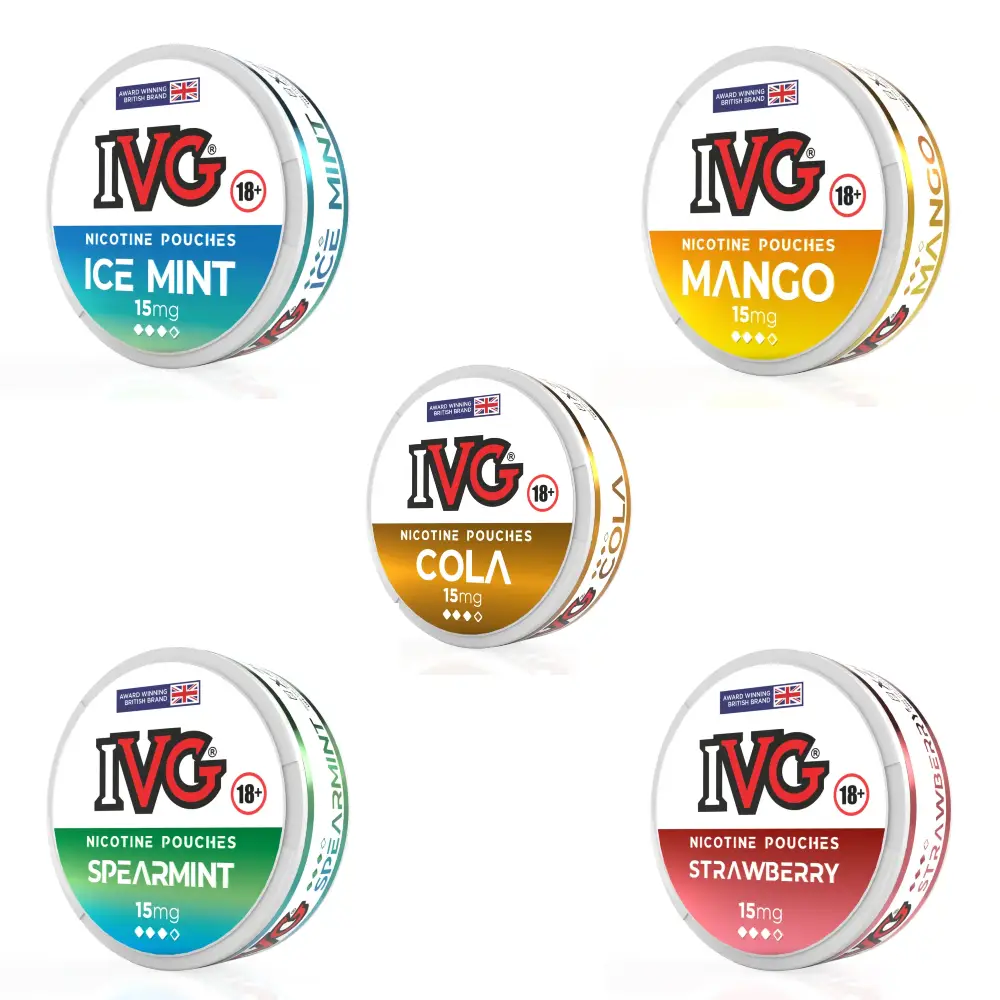 IVG Nicotine Pouches Pack of 5 15mg Mixed Flavours IVG Nicotine Pouches are a small, discreet pouch containing nicotine and flavouring that has been designed to provide users with a satisfying nicotine hit without the use of tobacco or vapes. 20 pouches per can. Excellent Value!