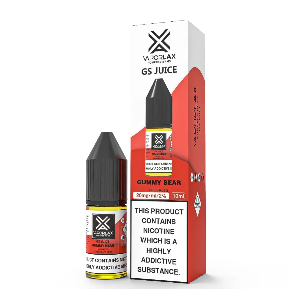 VAPORLAX GS Juice Nic Salts - Gummy Bear Pack of 10 Available in 10mg and 20mg Nicotine Strengths 50% VG / 50% PG Designed for Mouth to Lung Vape Kits Excellent value!