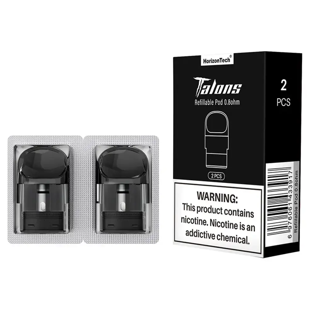 HorizonTech Talons Replacement Pods - 2 Pack for use with the Talons 3 Pod Kit, Available in 0.2Ω/0.4Ω/0.6Ω/0.8Ω/1.0Ω Resistances 2ml E-Liquid Capacity Top Filling Automatic Pressure Exhaust Filling.