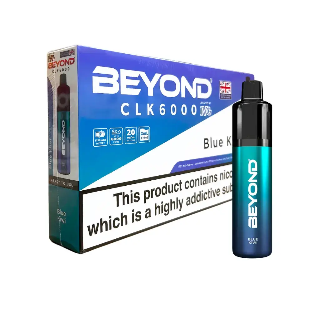 IVG Beyond CLK 6000 Disposable Vape Box of 5 - Blue Kiwi 1750mAh Rechargeable Battery Battery Recharging LED Light Up to 6000 Puffs 20mg Salt Nicotine Draw Activated Mesh Coil 2ml Pod and 10ml Refill Container TPD Compliant Choice of 15 Flavours Excellent Price!