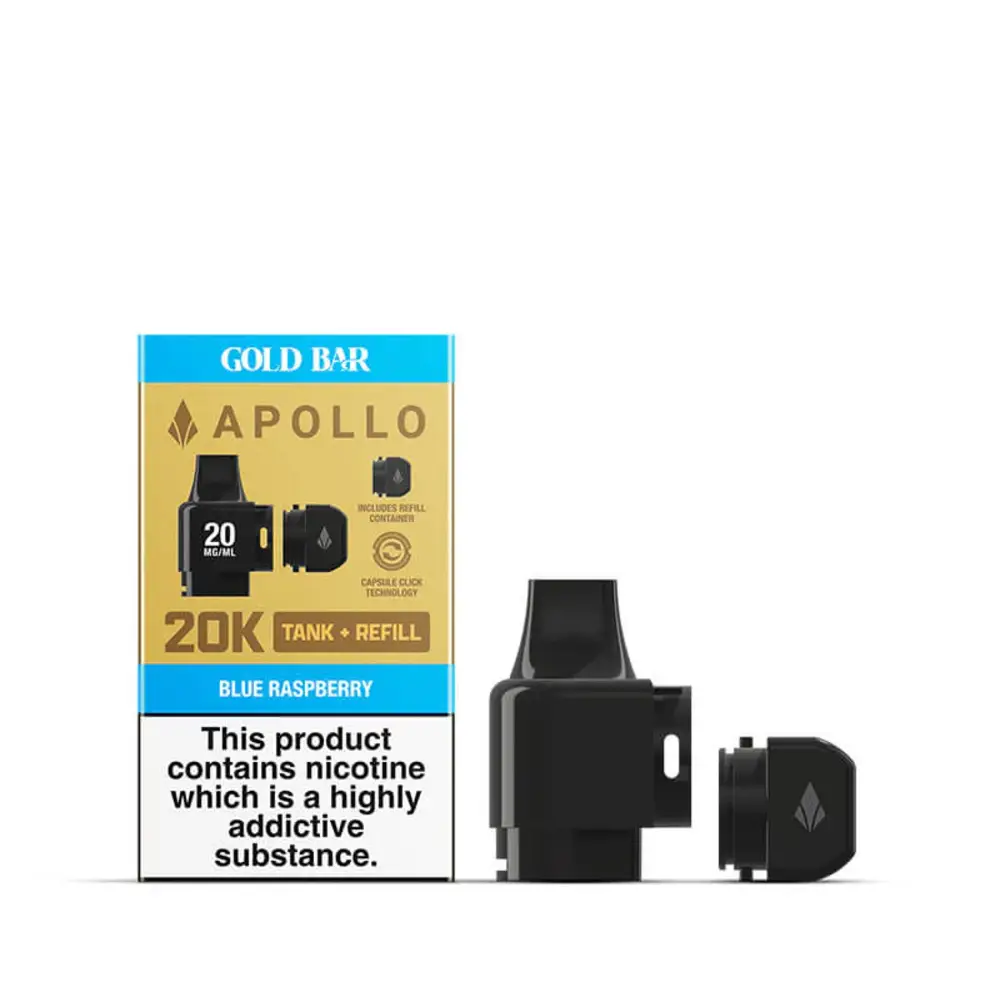Gold Bar Apollo 20K Pre-Filled Pod & Tank - Blue Raspberry 5ml Pre-filled E-liquid Pod Refill 2ml Refill Tank 20mg Nicotine Salt E-Liquid Hyper Mesh Coil Technology for Enhanced Flavour Leak-Resistant Design Smooth MTL Draw Compatible with Gold Bar Apollo 20K Pre-Filled Pod Kit
