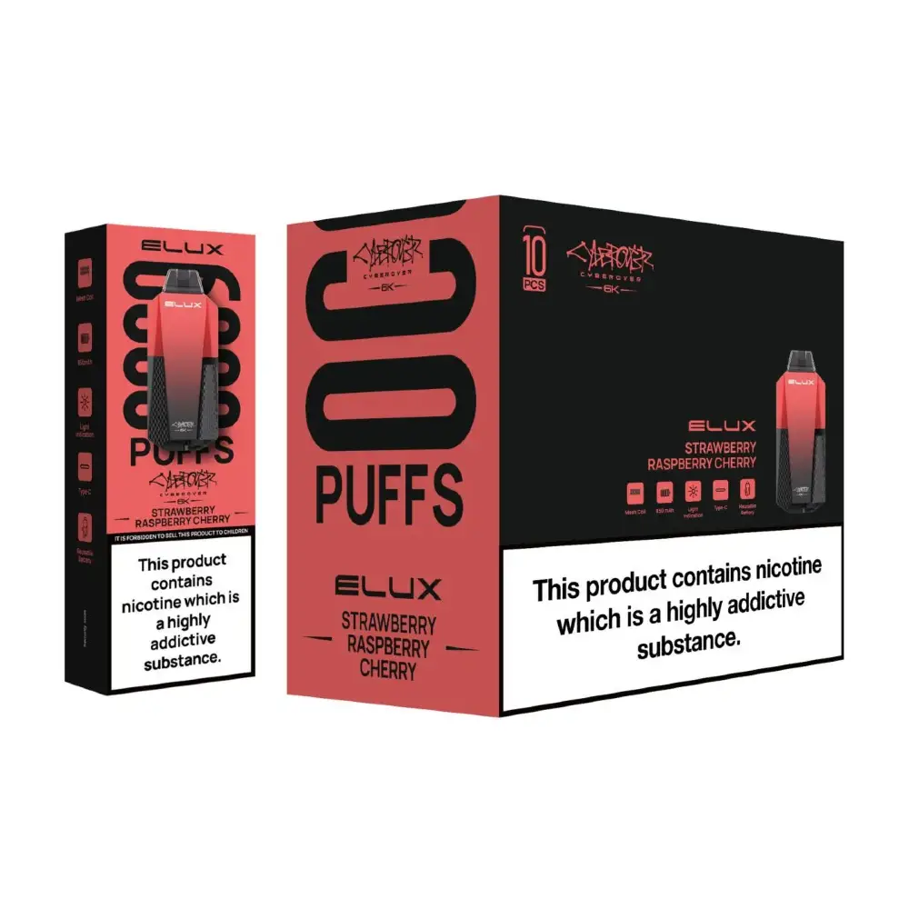 Elux Cyberover 6K Disposable Vape - Box of 10 850mAh Rechargeable Battery Up to 6000 puffs 2ml Prefilled Pod 10ml Refill Container 20mg (2%) Nicotine Strength MTL Style Vaping Inhale Activated Meshed Coil LED Battery Indicator Available at an excellent price!