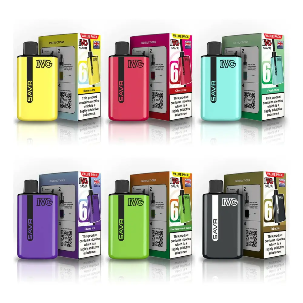 IVG Savr Pre-Filled Pod Kit Rechargeable 650mAh Battery Up to 3000 Puffs 20mg/ml Nicotine Strength USB Type C Mesh Coil Technology 2ml Pre-filled Pod & 4ml E-liquid Container TPD Compliant Choice of 30 Flavours available at an excellent price!
