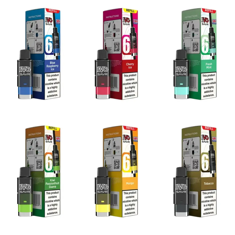 IVG Savr Pre-gilled Pods Up to 3000 Puffs 20mg/ml Nicotine Strength Mesh Coil Technology 2ml Pre-filled Pod & 4ml E-liquid Container TPD Compliant Choice of 30 Flavours