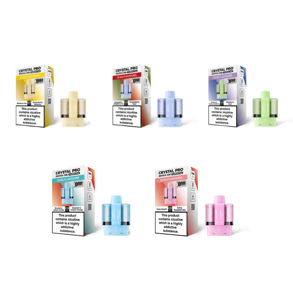 Crystal Pro Switch 30K Prefilled Replacement Pods - Box of 5 Mixed for extended use, providing up to 30,000 puffs. When your e-liquid runs out, simply replace the whole pod and refill container with a new one. Enjoy dual-flavour switching for a dynamic vaping experience, and explore a variety of premium flavour combinations. Fully TPD compliant, this device meets UK regulations for safety and reliability.