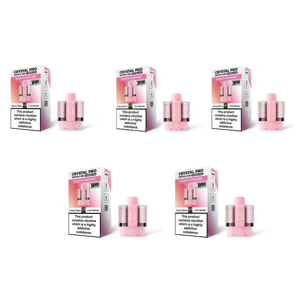 Crystal Pro Switch 30K Prefilled Replacement Pods - Box of 5 for extended use, providing up to 30,000 puffs. When your e-liquid runs out, simply replace the whole pod and refill container with a new one. Enjoy dual-flavour switching for a dynamic vaping experience, and explore a variety of premium flavour combinations. Fully TPD compliant, this device meets UK regulations for safety and reliability.