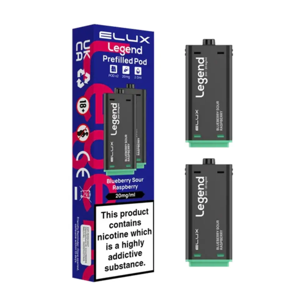 Elux Legend 1500 Pre-Filled Pods - Blueberry Sour Raspberry designed for up to 1500 puffs. Available in multiple flavours, each pod is pre-filled with 2ml of premium nicotine salt e-liquid, compliant with UK TPD regulations. Ideal for those seeking a hassle-free and flavour-rich vaping experience.