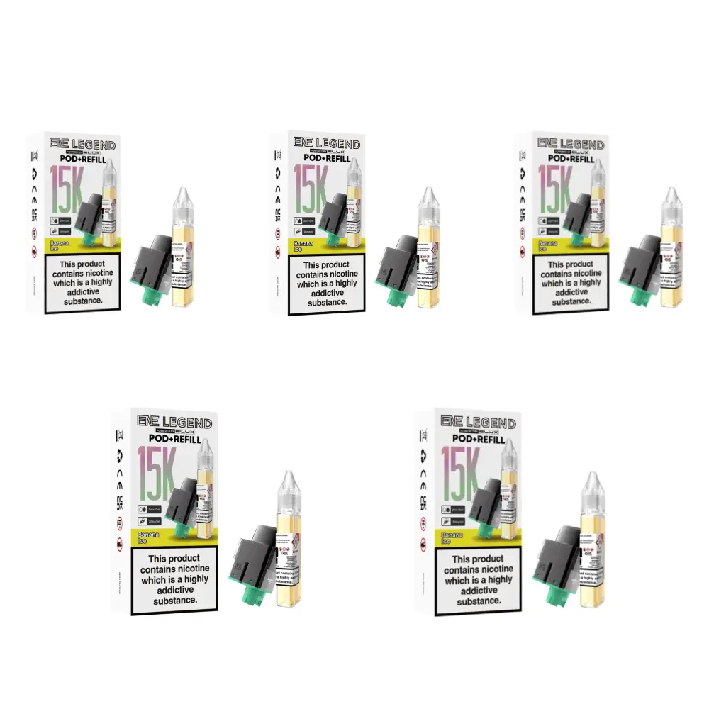 Elux Ene Legend 15000 Prefilled Pods - Box of 5 dual-chamber system with a 2ml TPD-compliant pod and 10ml refill reservoir. Designed for use with the Elux ENE Legend 15K Vape Kit, these pods feature mesh coil technology for enhanced flavour, leak-resistant construction, and up to 15,000 puffs per pod. Available in a variety of bold flavours.