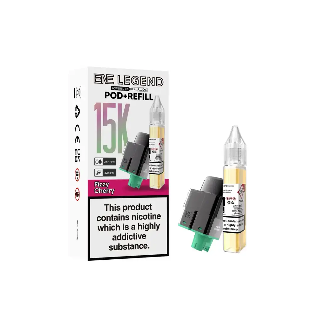 Elux Ene Legend 15000 Prefilled Pods - Fizzy Cherry dual-chamber system with a 2ml TPD-compliant pod and 10ml refill reservoir. Designed for use with the Elux ENE Legend 15K Vape Kit, these pods feature mesh coil technology for enhanced flavour, leak-resistant construction, and up to 15,000 puffs per pod. Available in a variety of bold flavours.