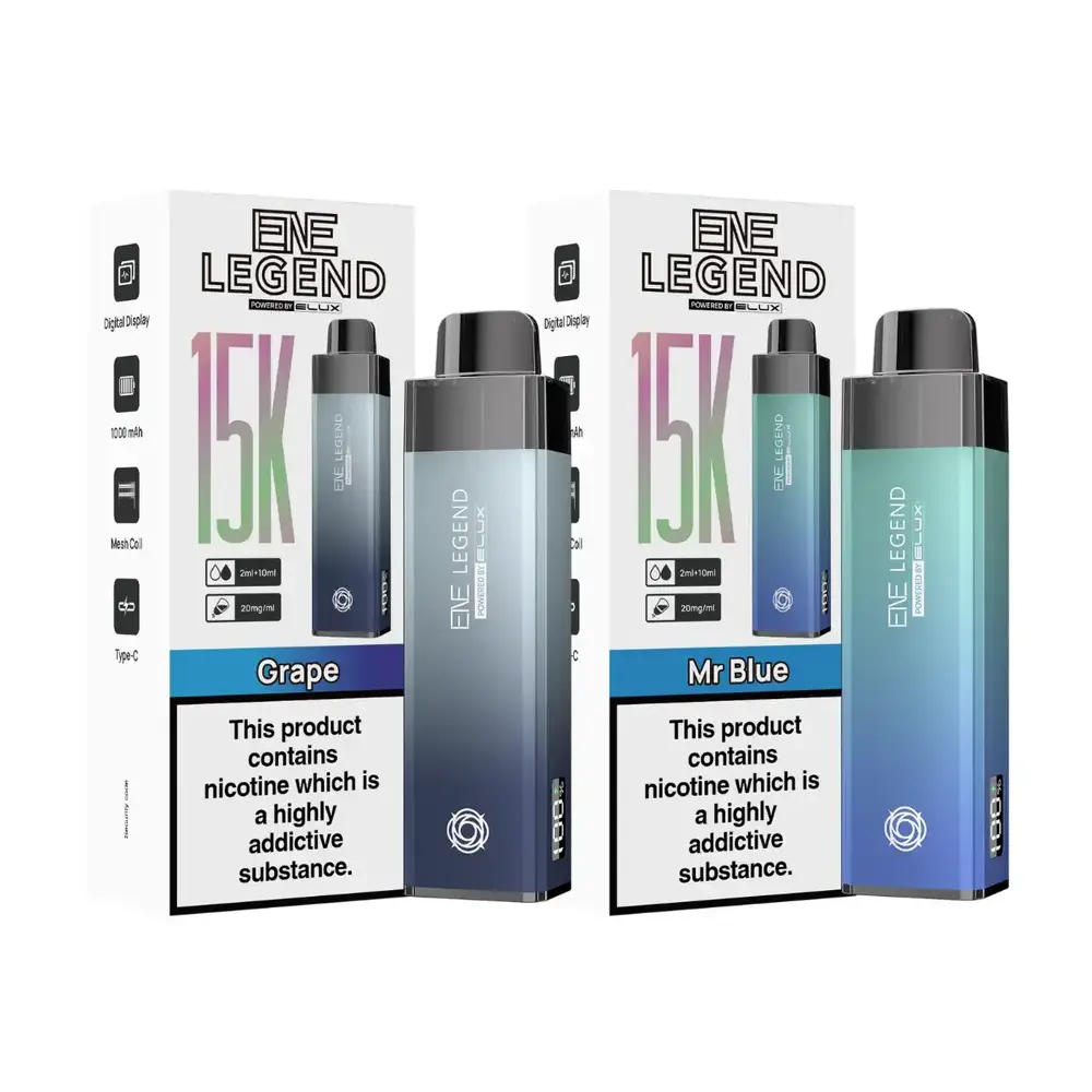 Elux ENE Legend 15000 Prefilled Pod Vape Kit - Featuring a sleek dual-chamber pod system with 2ml TPD-compliant pod and 10ml refill reservoir. with 15,000 puff capacity, mesh coil, and auto-refill pod system for extended vaping.