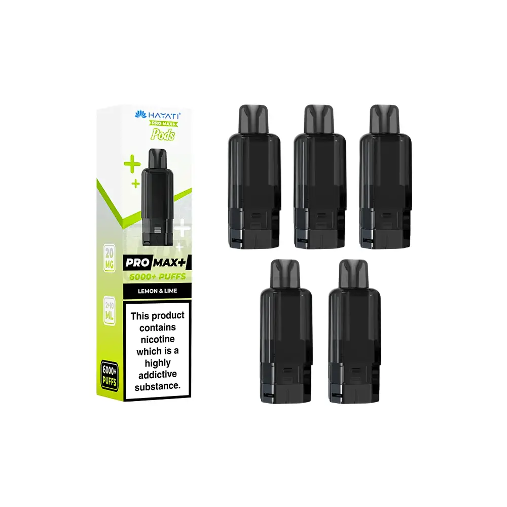 Hayati Pro Max Plus 6000 Prefilled Pods - Box of 5 Each pod delivers up to 6000 puffs with 10ml of 20mg nicotine salt e-liquid, designed for use with the Hayati Pro Max Plus 6K Kit. Built-in mesh coil technology ensures smooth vapour and bold flavour in a leak-proof, travel-friendly design.