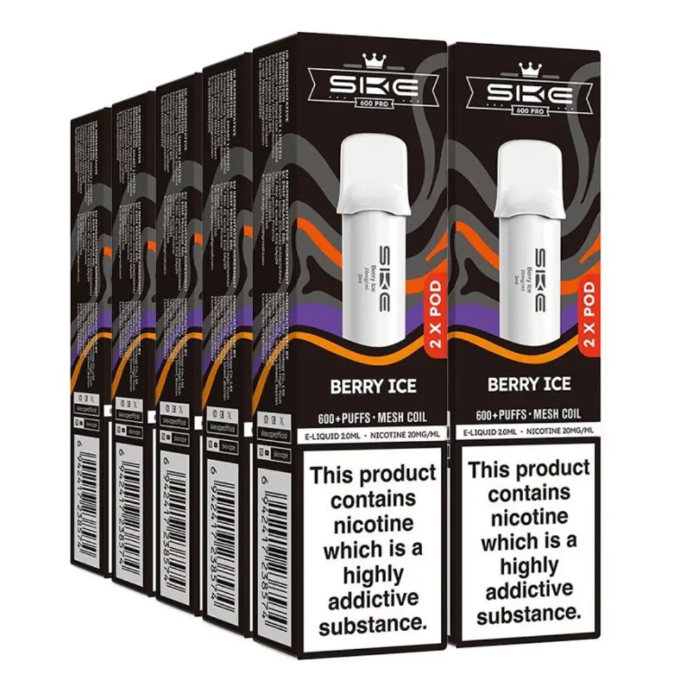 SKE Crystal Pro Prefilled Pods - Box of 10 For use with the SKE Crystal Pro Pod Kit, —featuring 2ml nic salt, mesh coil tech, 600 puffs, and a wide range of fruity and icy blends.