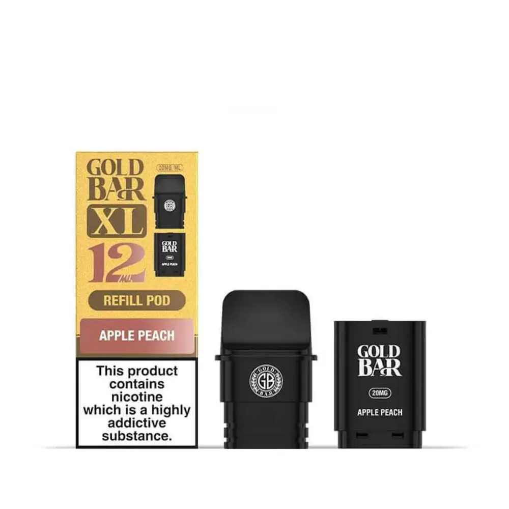 Gold Bar XL Prefilled Pods - Apple Peach For use with the Gold Bar XL Prefilled Pod Kit. Up to 10,000 puffs, 20mg nic salt, dual mesh coil tech, auto-refill and leak proof.