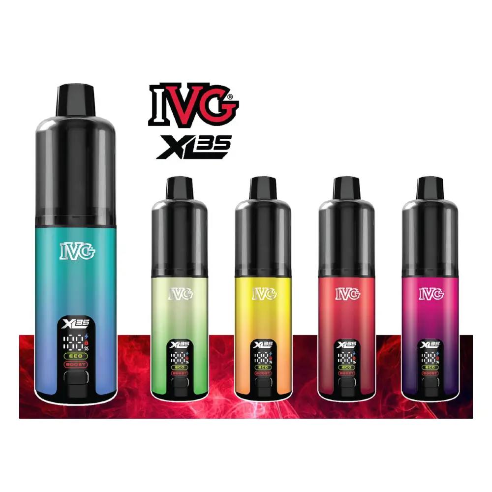 IVG XL 35K Prefilled Pod Vape Kit - Box of 5 Includes 2ml Pod + 2x 10ml Refill Containers, offering up to 35,000 puffs. Dual Mesh Coil System, OLED Screen, Eco & Boost Modes for customisable vaping.
