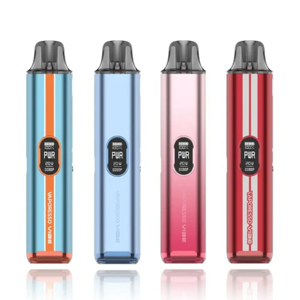 Vaporesso Vibe Pod Kit featuring a sleek, compact design with dual power modes (Eco and Power), USB-C charging port, and refillable 2ml pod. Includes built-in mesh coil for smooth vapour and rich flavour. Available in multiple colours and ideal for MTL and RDTL vaping styles.