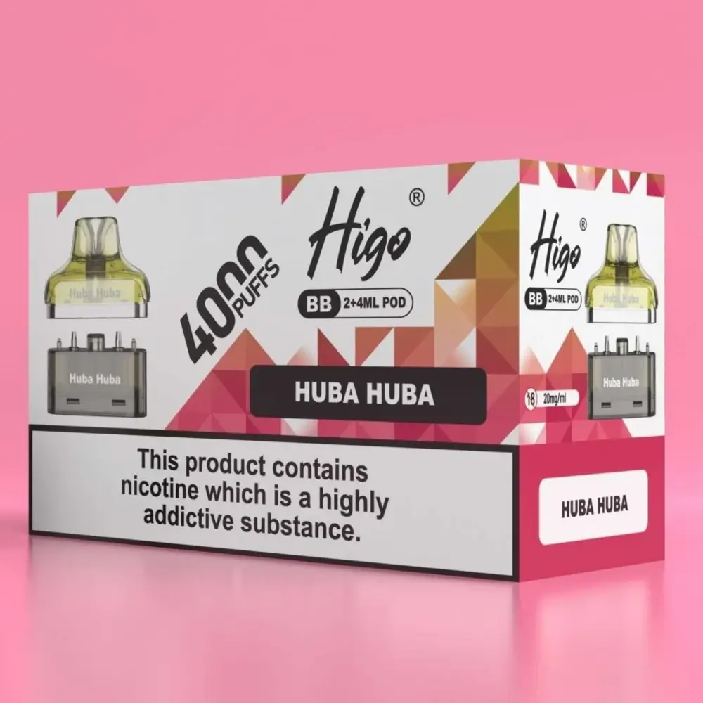 Higo BB 4000 Prefilled Pods Higo BB 4000 Prefilled Pods Box of 5 - featuring a dual-chamber system with a 2ml visible pod and 4ml internal refill tank. Each pod delivers up to 4000 puffs using 20mg nicotine salt e-liquid and mesh coil technology. Designed for mouth-to-lung vaping with automatic refill functionality and leak-resistant construction. Compatible exclusively with the Higo BB 4000 Vape Kit.
