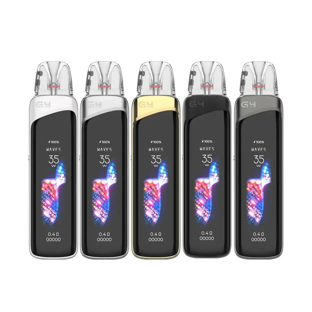 Uwell Caliburn G4 Pro Pod Kit - featuring a sleek, compact body with a 2.51-inch touchscreen display. The device includes an integrated 1800mAh battery, adjustable wattage up to 35W, and supports mesh coil GPP pods for MTL and RDL vaping. Available in multiple colours with USB Type-C fast charging and smart vaping modes including Smart, Custom, and Storm.