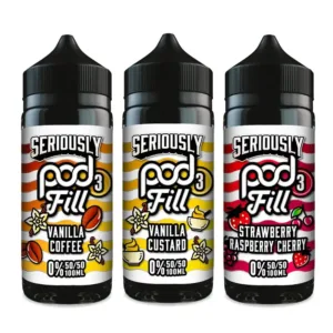 Doozy Seriously Pod Fill 3 100ml Shortfill E-Liquid available as 100ml of e-liquid in a 120ml short fill bottle and feature a 50VG/50PG ratio with space for two 10ml nicotine shots of your choice. For example, adding two 10ml, 18mg nic shots will create 120ml of 3mg e-liquid.