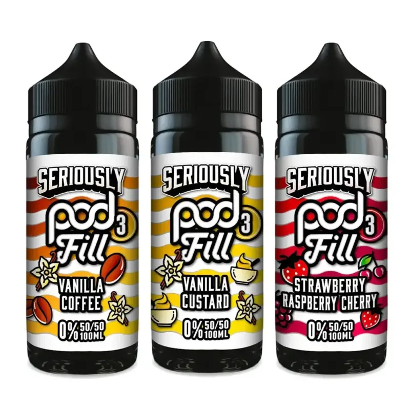 Doozy Seriously Pod Fill 3 100ml Shortfill E-Liquid available as 100ml of e-liquid in a 120ml short fill bottle and feature a 50VG/50PG ratio with space for two 10ml nicotine shots of your choice. For example, adding two 10ml, 18mg nic shots will create 120ml of 3mg e-liquid.